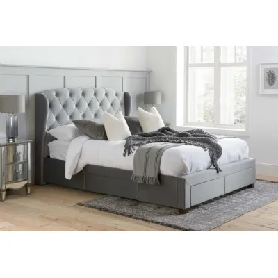 Grey Fabric 4 Drawer King Size Bed Wingback Headboard
