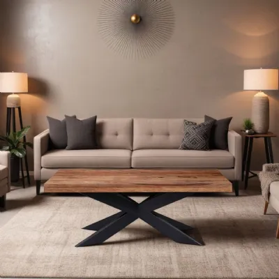 Modern Sheesham Wood Rectangular Coffee Table with Black Iron Star Base