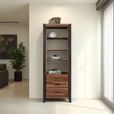 Industrial Sheesham Wood and Black Iron Tall Bookcase with Three Drawers