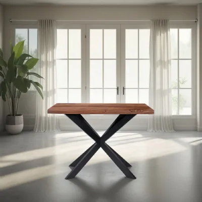 Industrial Sheesham Wood Rectangular Bar Table with Black Crossed Legs