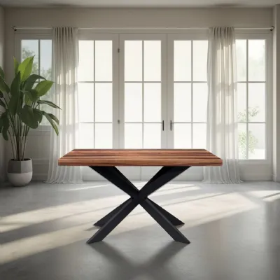 Industrial Sheesham Wood Top Small Rectangular 4 Seater Cross Base Dining Table