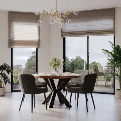 Modern Industrial Round Sheesham Wood 4 Seater Dining Table with Cross Base
