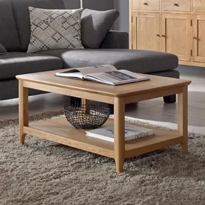 Classic Style Solid Oak Rectangular Coffee Table with Lower Shelf