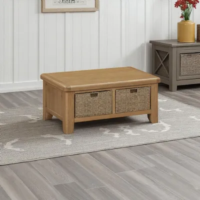 Modern Natural Oak Coffee Table with 2 Wicker Baskets