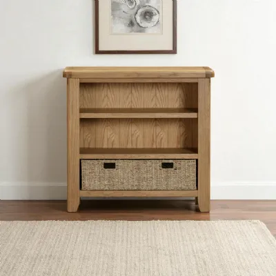 Modern Natural Solid Oak Small Bookcase with Storage Basket