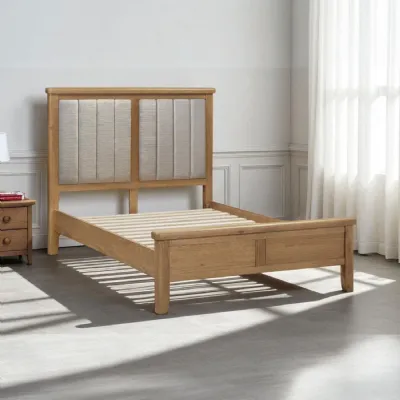 Modern Natural Oak King Size Bed Frame with Cream Upholstered Headboard