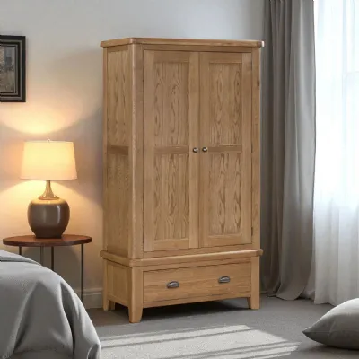 Rustic Smoked Oak 2 Door Wardrobe with Deep Storage Drawer