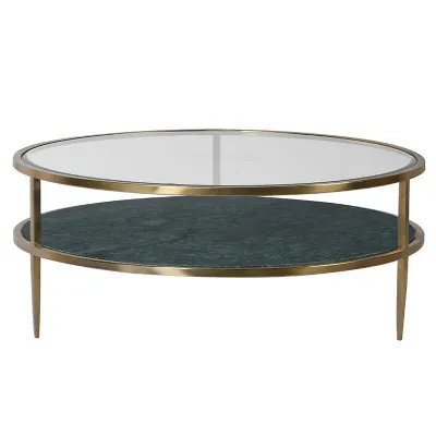 Glass Top Round Green Marble Coffee Table Gold Frame