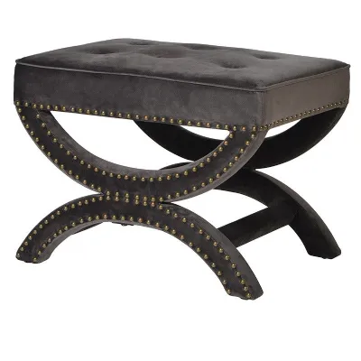 Black Upholstered Traditional Bench Stool With X Shaped Studded Base