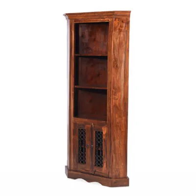 Traditional Solid Sheesham Wood Display Ironwork Cabinet with Shelves
