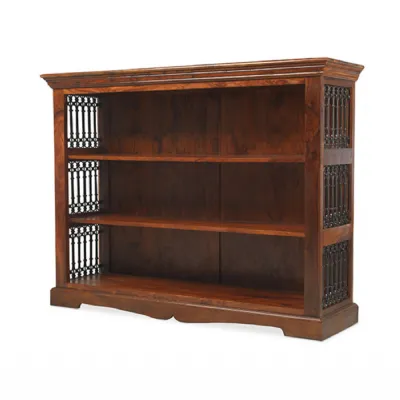 Natural Sheesham Wood 3 Shelf Low Bookcase with Iron Side Panels