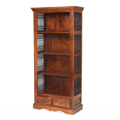 Traditional Dark Sheesham Wood 2 Drawer Tall Bookcase with 3 Shelves