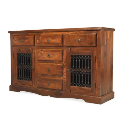 Colonial Sheesham Wood 2 Doors 6 Drawers Large Sideboard with Grille Panels