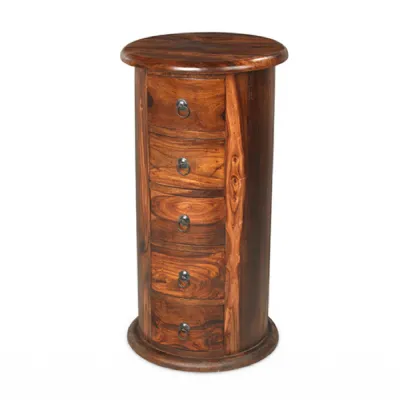 Rustic Style Sheesham Large Round Drum Chest with 5 Drawers
