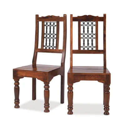 Traditional Low Back Sheesham Wood Dining Chair with Iron Trellis Back