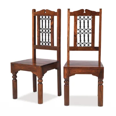 Traditional High Back Sheesham Wood Dining Chair with Iron Portcullis Detail