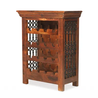 Traditional Sheesham Wood 16 Bottle Wine Rack with Wrought Iron Sides