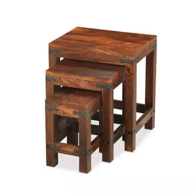 Traditional Sheesham Wood Nest of 3 Tables with Iron Corner Brackets