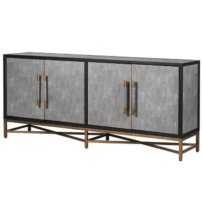 Black Oak Shagreen And Brass Solid Large 4 Door Sideboard