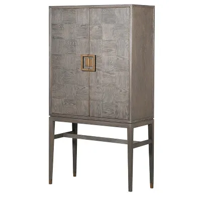 Art Deco Retro Squares Grey Oak Bar Drinks Wine Cabinet With Blue Velvet Inlay