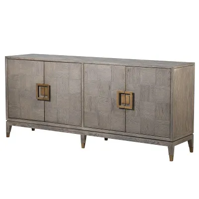 Large Art Deco Retro Chequered Design Square Pattern Oak Sideboard