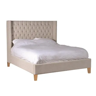 King Size 5ft Button Upholstered Beige Fabric Bed With Wooden Legs