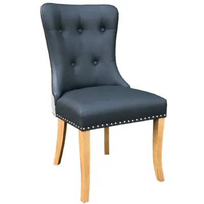 Grey Leather Effect Buttoned Back Dining Chair Oak Legs
