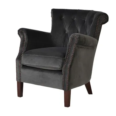 Traditional Gun Metal Velvet Buttoned Back Armchair