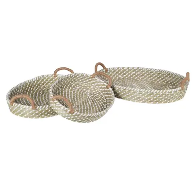Set of 3 Woven Seagrass Basket Trays with Handles