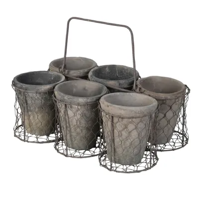 Set of 6 Small Antiqued Black Pots in Basket