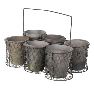 Set of Large 6 Antiqued Black Pots in Basket