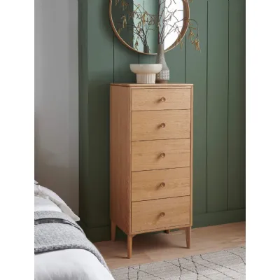 Modern Natural Oak Tall 5 Drawer Chest and Pin Style Legs