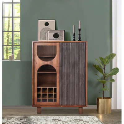 Industrial Mango Wood Highboard Drinks Cabinet with Grooved Detailing