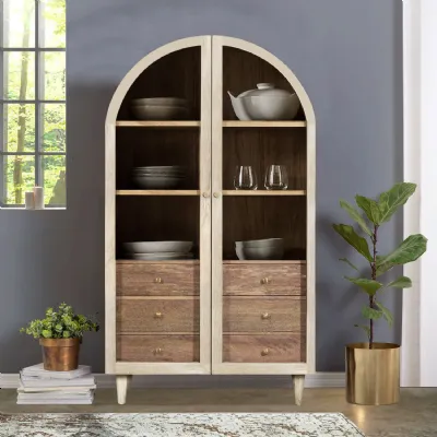 White Mango Wood Arched 2 Door 3 Drawer Glass Display Cabinet with Shelves