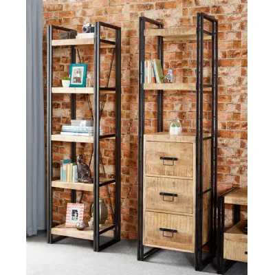 Reclaimed Wood 3 Drawer Slim Narrow Bookcase Metal Framed