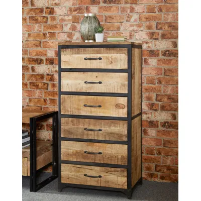Industrial Reclaimed Wood Tall Chest of 6 Drawers