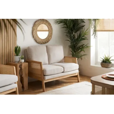 White Fabric 2 Seater Cushion Back Sofa Rattan Sides
