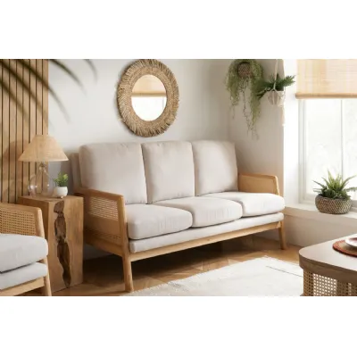 White Fabric Upholstery 3 Seater Sofa Woven Rattan Sides