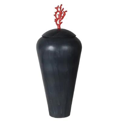 Small Coral Lidded Black Jar