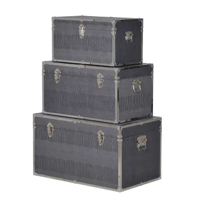 Set Of 3 Modern Grey Pu Trunks With Metal Clasps and Detailing