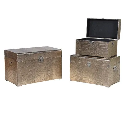 Set Of 3 Chic Art Deco Polished Gold Storage Trunks