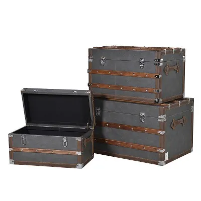 Set Of 3 Grey and Brown Vintage Styled Storage Trunks