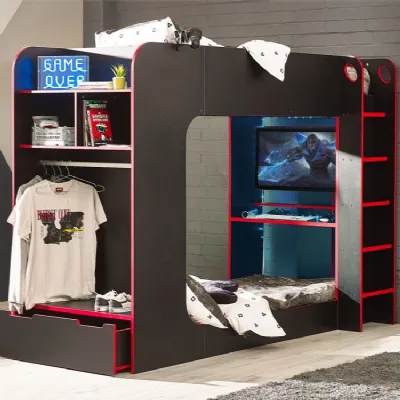 Black and Red Gaming High Sleeper Bunk Bed with Desk and Drawer