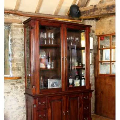 Large 2 Door Mahogany Glazed Dresser Top Hutch Traditional Dark Wood Finish