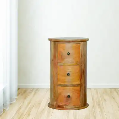 Modern 3 Drawer Slim Round Drum Chest in Solid Mango Wood with Natural Finish 60 x 40cm