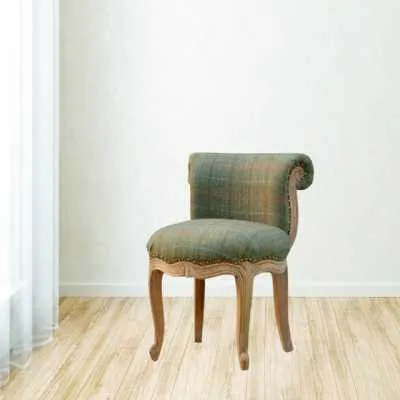 French Chair Upholstered In Multi Coloured Tartan Grey Tweed With Sculpted Wooden Legs