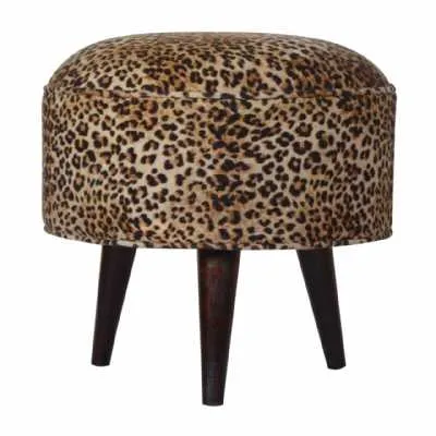 Round Solid Wood Footstool Upholstered With Leopard Print Velvet