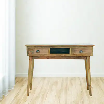 Oak Finish 2 Drawer Office Writing Desk With Open Slot In Solid Mango Wood 78 x 115cm