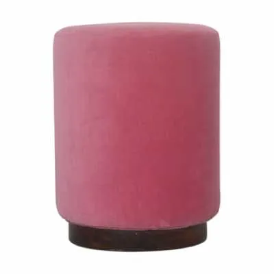 Pink Cotton Velvet Fabric Upholstered Footstool With Walnut Wooden Base