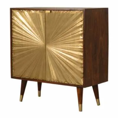 Nordic Style Gold Brass Inlay Mango Wood 2 Door Storage Cabinet
